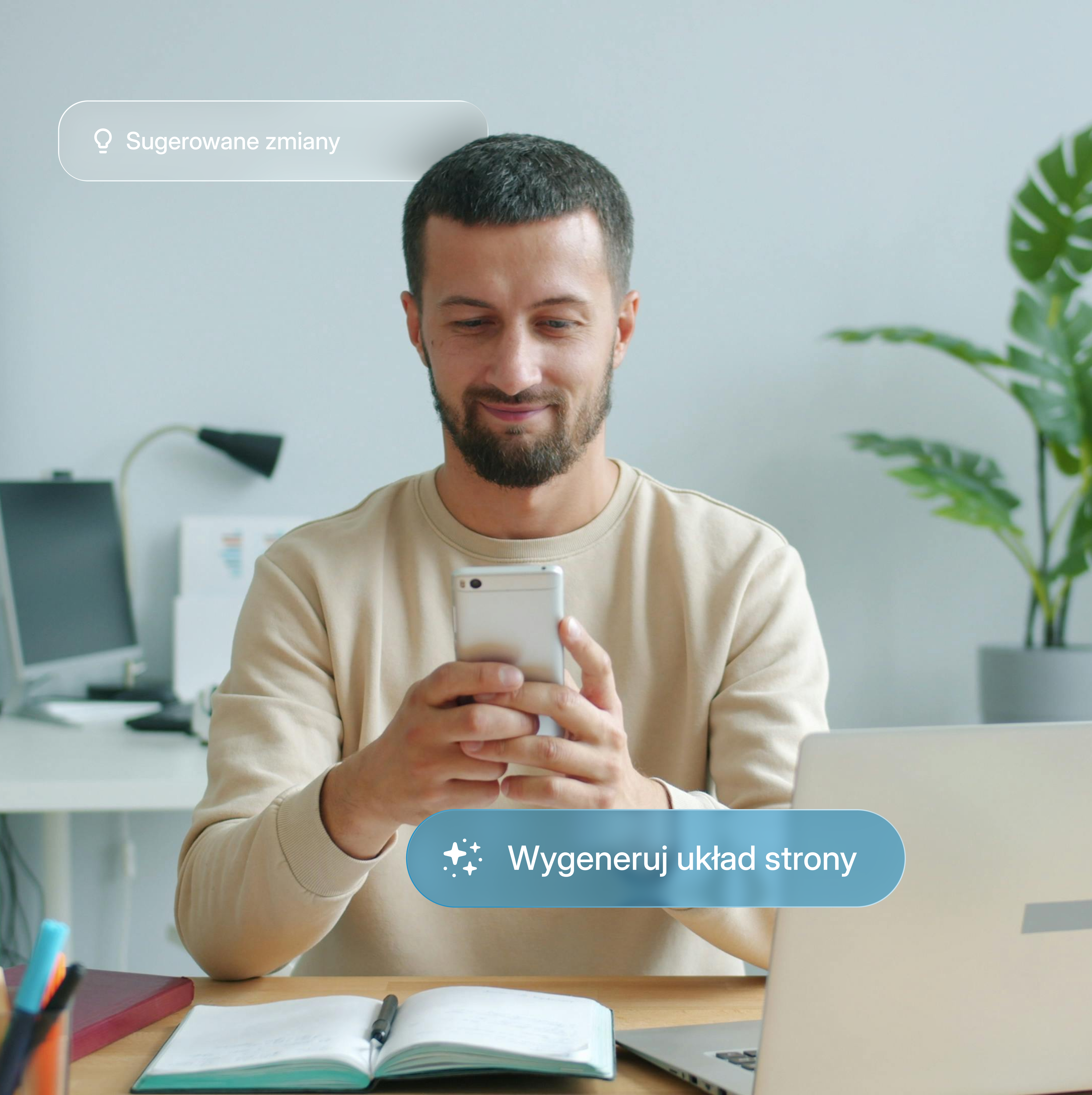 Un bărbat generând layout-ul unei subpagini noi cu AI pe telefon